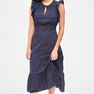Navy Blue Cotton Eyelet Ruffled Midi Dress